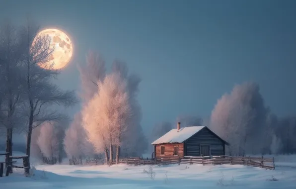 Зима, иней, лес, снег, деревья, ночь, дом, луна