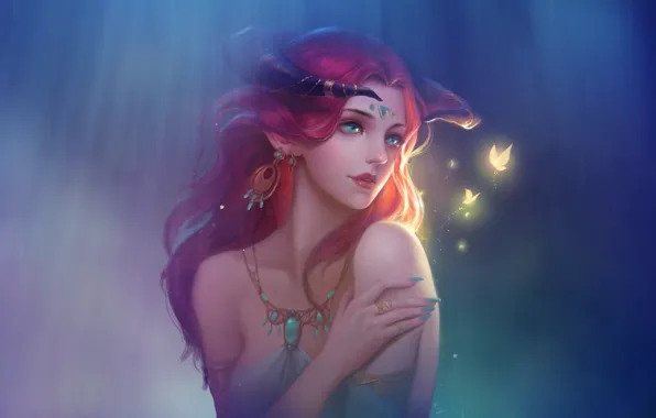 Девушка, Рисунок, Стиль, Лицо, Girl, Бабочки, Fantasy, Рога