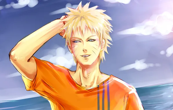 Картинка небо, вода, улыбка, наруто, парень, Naruto, Uzumaki
