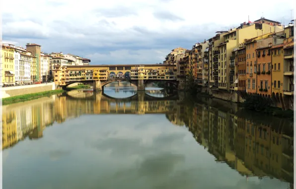 Картинка отражения, мост, здания, дома, Италия, Флоренция, river, Italy