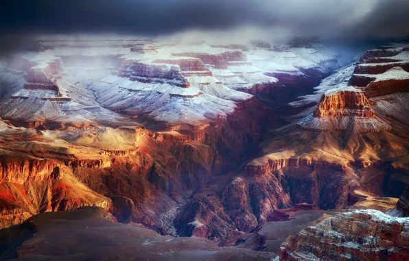Картинка зима, облака, снег, тучи, скалы, каньон