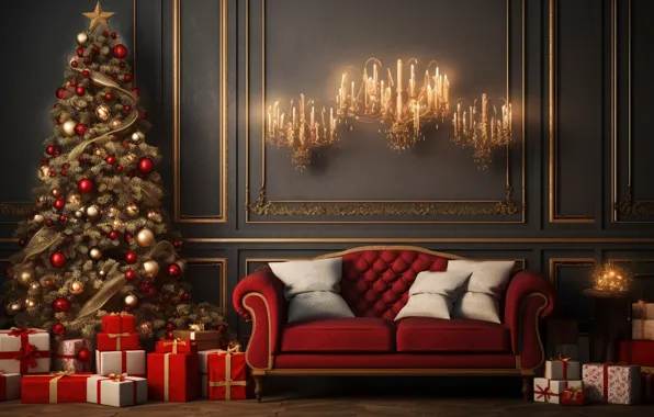 Украшения, диван, шары, елка, Новый Год, Рождество, подарки, new year