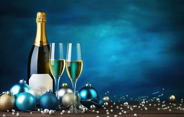 Украшения, золото, шары, Новый Год, бокалы, golden, new year, шампанское