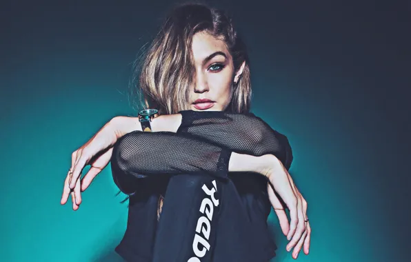 Взгляд, поза, модель, макияж, прическа, hair, Reebok, Gigi Hadid
