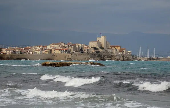 Море, Франция, башня, дома, Антиб