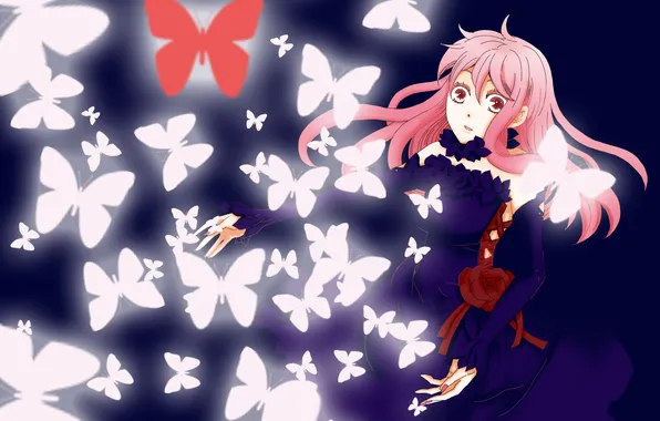 Цветок, девушка, бабочки, роза, аниме, арт, guilty crown, yuzuriha inori