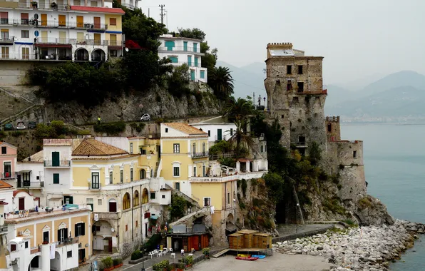 Море, горы, город, фото, скалы, дома, Италия, Amalfi