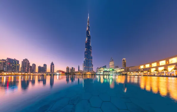 Картинка вода, отражение, здания, Дубай, ночной город, Dubai, небоскрёб, ОАЭ, Бурдж-Халифа, Burj Khalifa, UAE