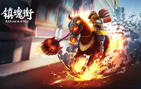 China, fire, flame, armor, weapon, anime, street, general