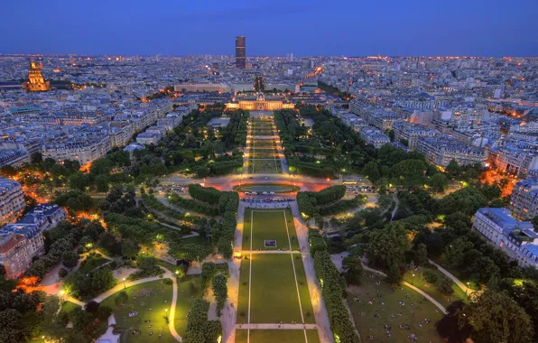 Картинка огни, парк, Франция, Париж, сад, панорама, Paris, сумерки