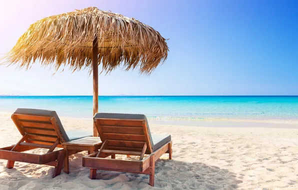 Песок, море, пляж, лето, небо, пальмы, шезлонг, summer