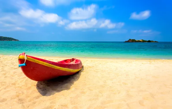 Картинка песок, море, волны, пляж, лето, лодка, summer, beach