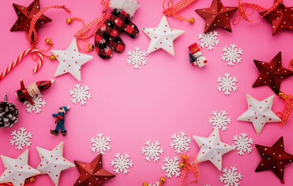 Картинка зима, украшения, снежинки, фон, розовый, Новый Год, Рождество, Christmas