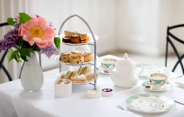 Цветы, чай, пирожные, традиция, булочки, afternoon tea, послеобеденный чай