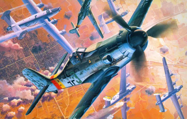 Картинка Flight, Art, war, Airplane, ww2, Aviation, combat, Painting