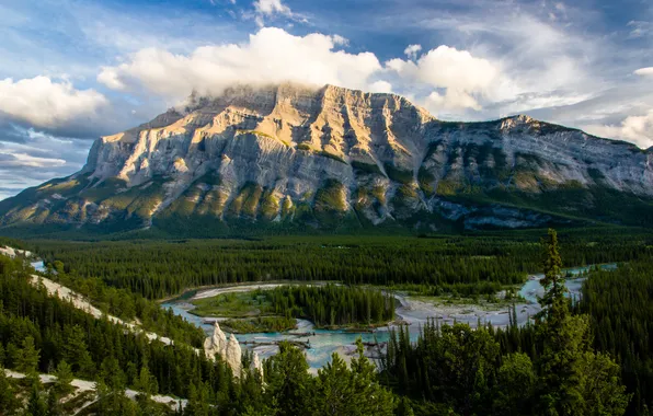 Картинка лес, пейзаж, природа, река, гора, Канада, Banff National Park