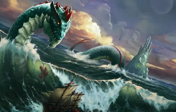 Картинка море, волны, шторм, корабль, монстр, чудовище, морской змей, окан
