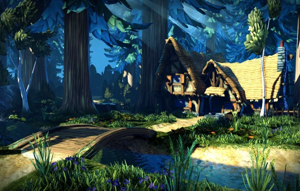 Картинка лес, мост, ручей, домик, Dwarfs Cottage