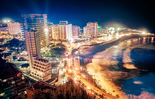 Море, ночь, город, огни, берег, Spain, Canary Islands, Puerto de la Cruz