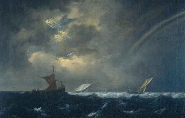 Картинка масло, картина, холст, морской пейзаж, Якоб ван Рёйсдал, Корабли в Бурном Море