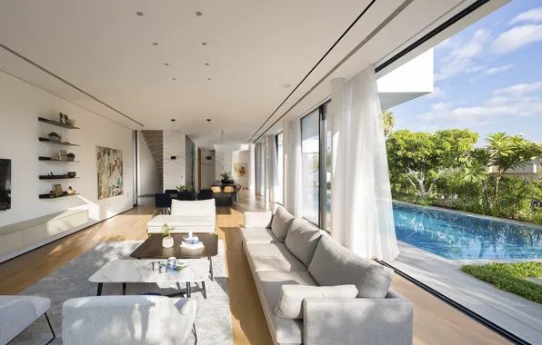 Интерьер, бассейн, терраса, гостиная, столовая, Израиль, Israel, by Shachar Rozenfeld Architects