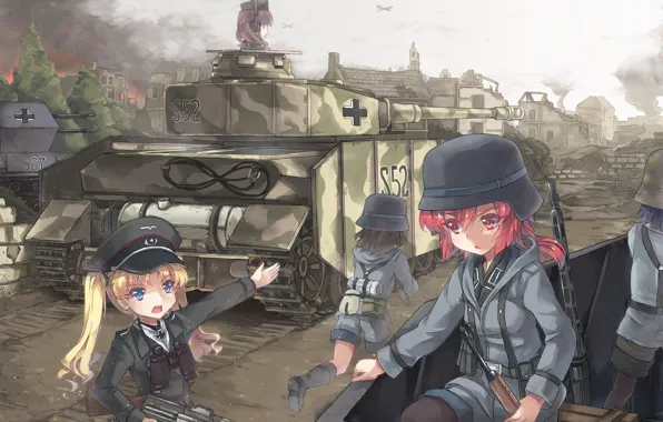 Картинка город, девушки, война, дым, самолеты, солдаты, танк, бинокль