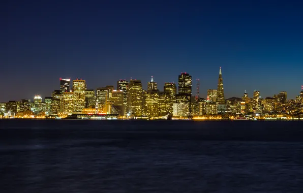 Ночь, город, огни, океан, San Francisco Skyline
