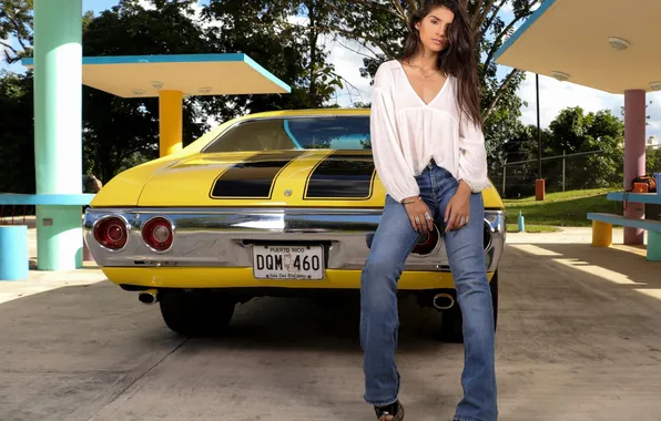 Car, girl, young, beautiful, jeans, brunette
