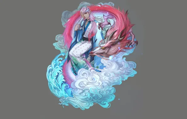 Дракон, арт, парень, серый фон, Onmyoji