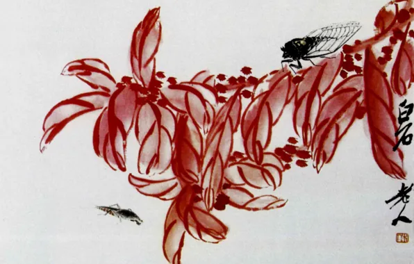 Картинка ягоды, муха, красные листья, китайская живопись, Ци Бай-ши