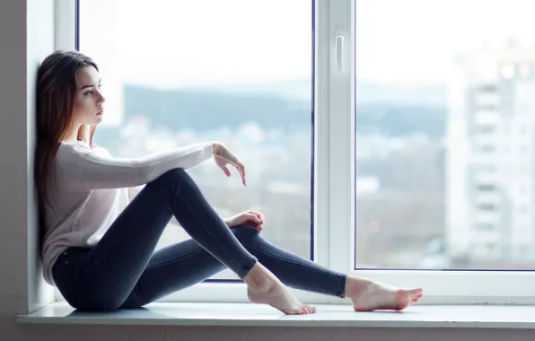 Girl, Eyes, Jeans, Window, Sight, Windowsill