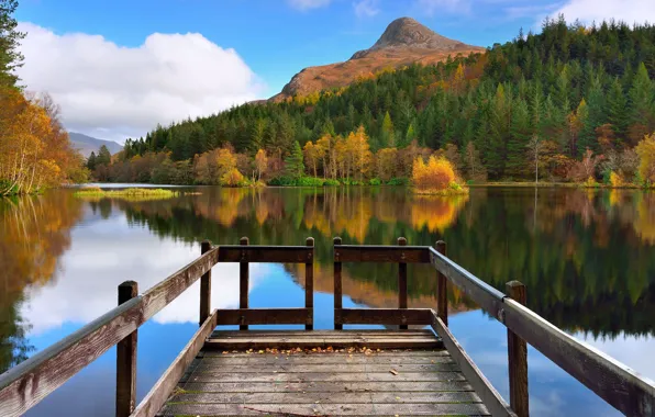 Осень, лес, облака, деревья, горы, река, причал, Scotland