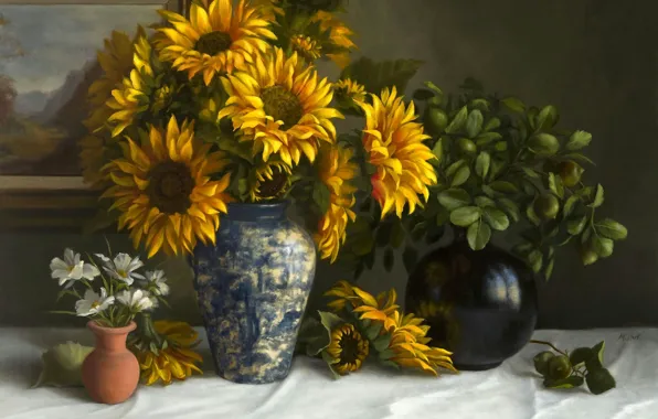 Картинка подсолнухи, цветы, стол, картина, натюрморт, скатерть, вазы