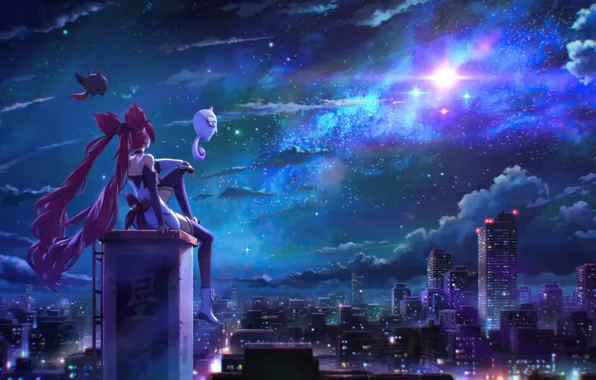 Звезды, ночь, город, небоскребы, League of Legends, Fairy Tales, девушка на крыше, фэнтези арт