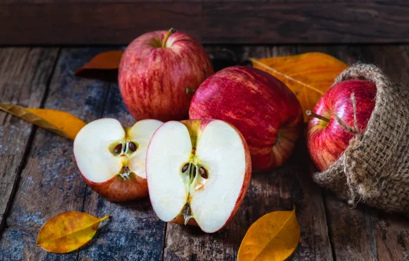 Картинка осень, листья, яблоки, wood, autumn, leaves, fruits, осенние