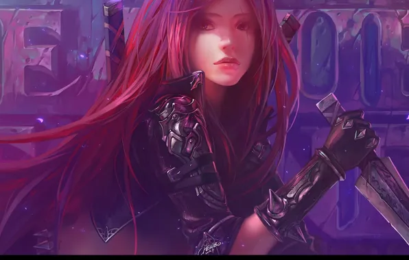 Доспехи, шипы, перчатки, кинжал, рыжая, шрам, длинные волосы, League of Legends