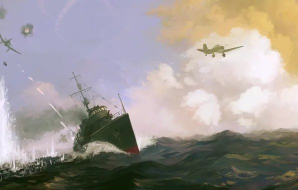 Море, атака, рисунок, корабль, взрывы, бой, арт, самолеты