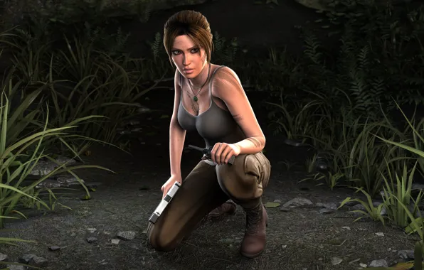 Картинка лес, трава, девушка, камни, пистолет, Tomb Raider, Lara Croft