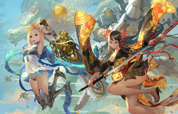 Картинка sword, fantasy, weapon, girls, anime, blue eyes, katana, dragon