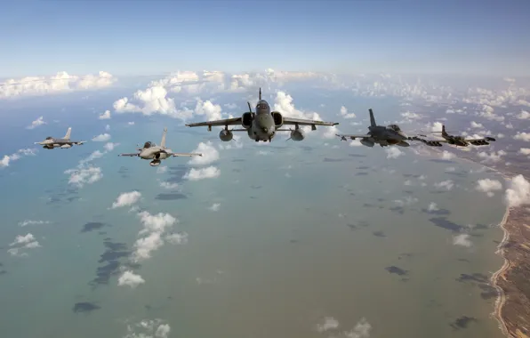 Облака, океан, Fighting, F-16, Falcon, F-5E, береговая линия, A-37A Dragonfly Cessna