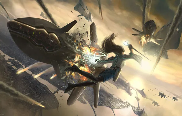 Картинка девушка, город, магия, арт, посох, битва, Marek Okon