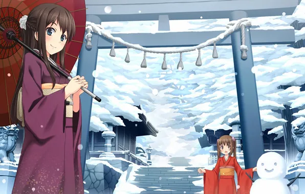 Картинка зима, девушки, зонт, арт, храм, снеговик, yumemizuki