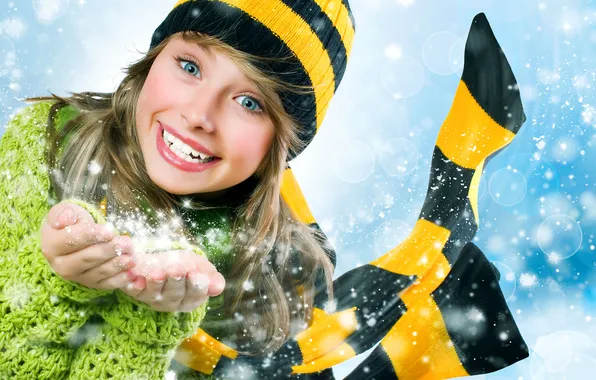 Зима, девушка, снег, радость, улыбка, смех, шарф, шапочка