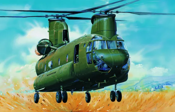 Картинка art, helicopter, painting, aviation, Boeing CH-47 Chinook