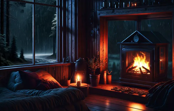 Glasses, fireplace, nigth