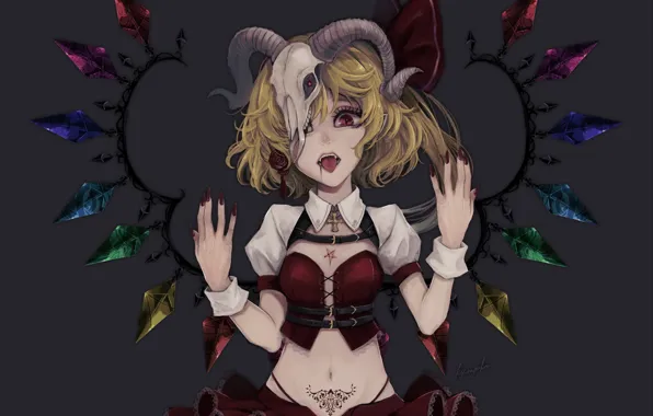 Девушка, череп, демон, тату, фэнтези, пентаграмма., Touhou Project, Flandre Scarlet