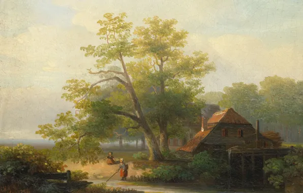 Картинка пейзаж, масло, картина, Lodewijk Hendrik Arends, Водяная Мельница в Лесистой Местности, Лодевейк Хендрик Арендс, 1854