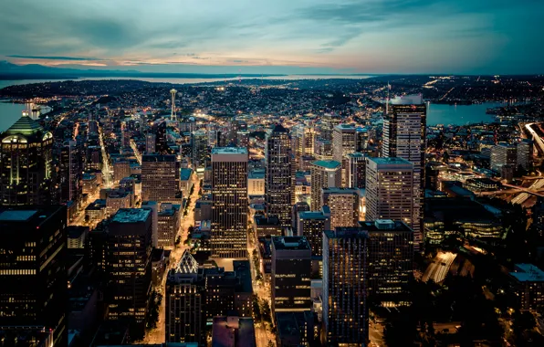 Город, река, дома, вечер, Seattle Skyline