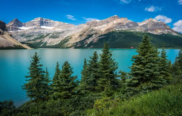 Картинка небо, облака, деревья, горы, озеро, Banff National Park, canada, alberta