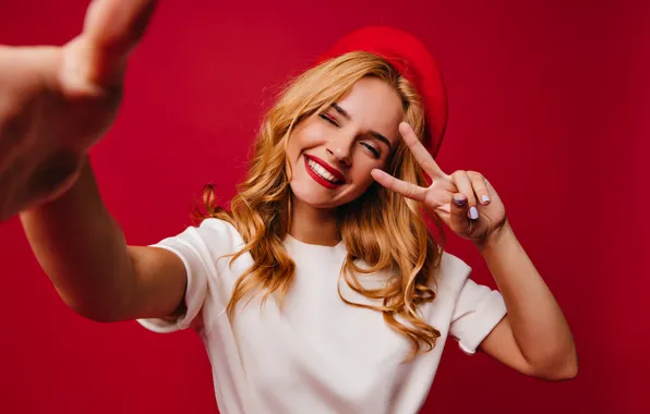 Red, wall, woman, good, looking, making, selfie, cheerul